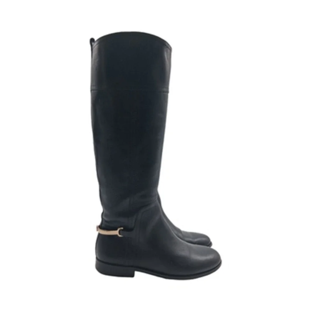 Tory Burch Boots Womens Size 7 Black Leather Knee High Riding Zip Logo